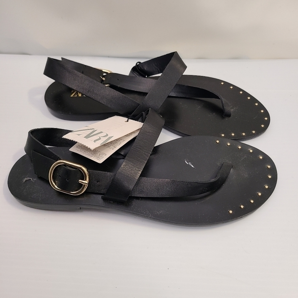 ZARA FLAT LEATHER SLIDER SANDALS WITH MICRO-STUDS BLACK SIZE 6.5 | 2620/110 - Picture 5 of 10